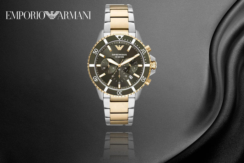  Shop Authentic Emporio Armani Diver Chronograph Green Dial Two Tone Steel Strap Watch For Men - AR11361 - Luxxuri