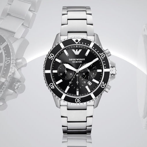  Shop Authentic Emporio Armani Diver Chronograph Quartz Black Dial Silver Steel Strap Watch For Men - AR11360 - Luxxuri