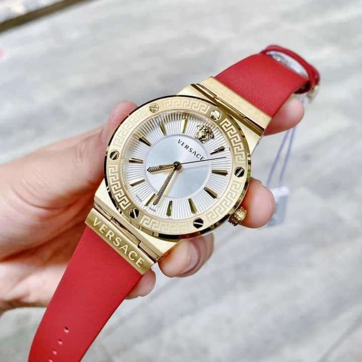  Shop Authentic Versace Greca Silver Dial Red Leather Strap Watch for Women - VEVH00420 - Luxxuri