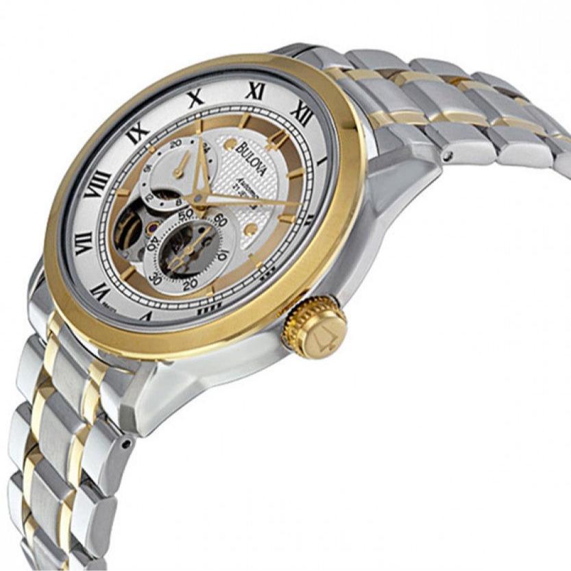  Shop Authentic Bulova BVA Skeleton Silver Dial Two Tone Steel Strap Watch for Men - 98A123 - Luxxuri