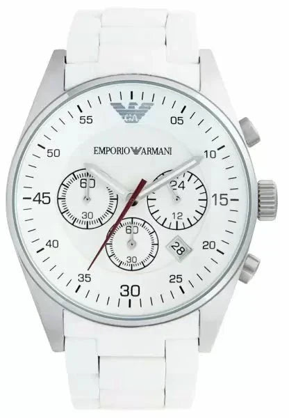  Shop Authentic Emporio Armani Sport Chronograph White Dial White Silicone Strap Watch For Men - AR5859 - Luxxuri