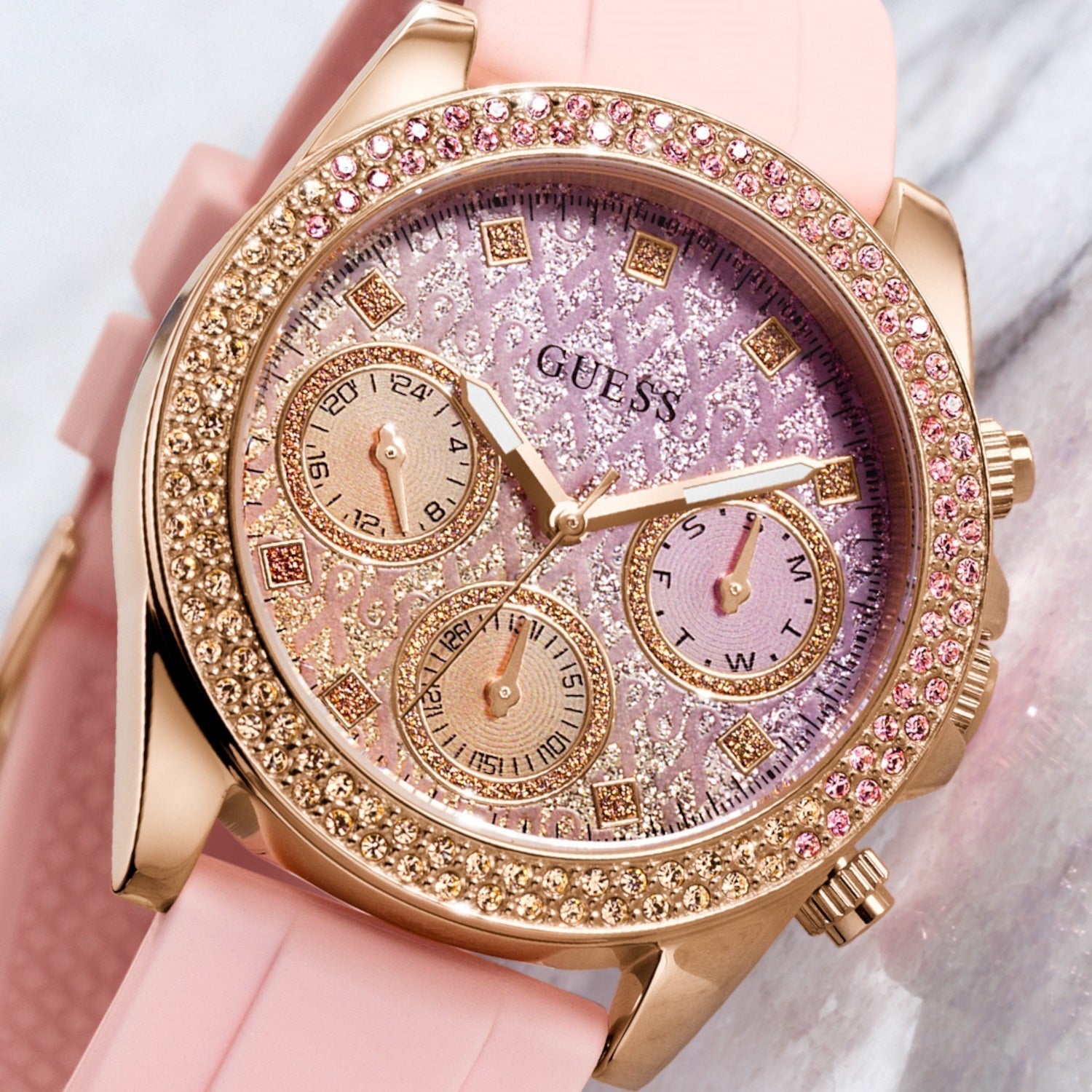  Shop Authentic Guess Sparkling Chronograph Crystals Pink Dial Pink Silicone Strap Watch For Women - GW0032L4 - Luxxuri