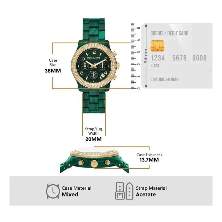  Shop Authentic Michael Kors Runway Chronograph Green Dial Green Steel Strap Watch for Women - MK7422 - Luxxuri