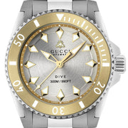  Shop Authentic Gucci Dive Automatic 18K Gold Silver Dial Silver Steel Strap Watch for Men - YA136357 - Luxxuri