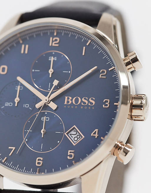  Shop Authentic Hugo Boss Skymaster Chronograph Blue Dial Black Leather Strap Watch for Men - 1513783 - Luxxuri