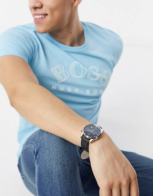  Shop Authentic Hugo Boss Skymaster Chronograph Blue Dial Black Leather Strap Watch for Men - 1513783 - Luxxuri
