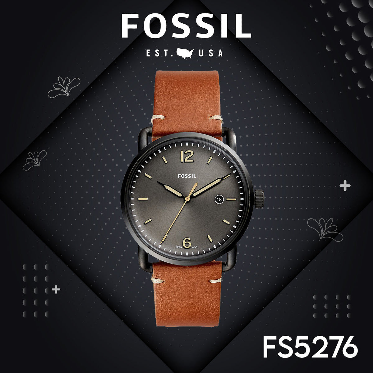 Shop Authentic Fossil Commuter Three Hand Date Black Dial Brown Leather Strap Watch for Men - FS5276 - Luxxuri