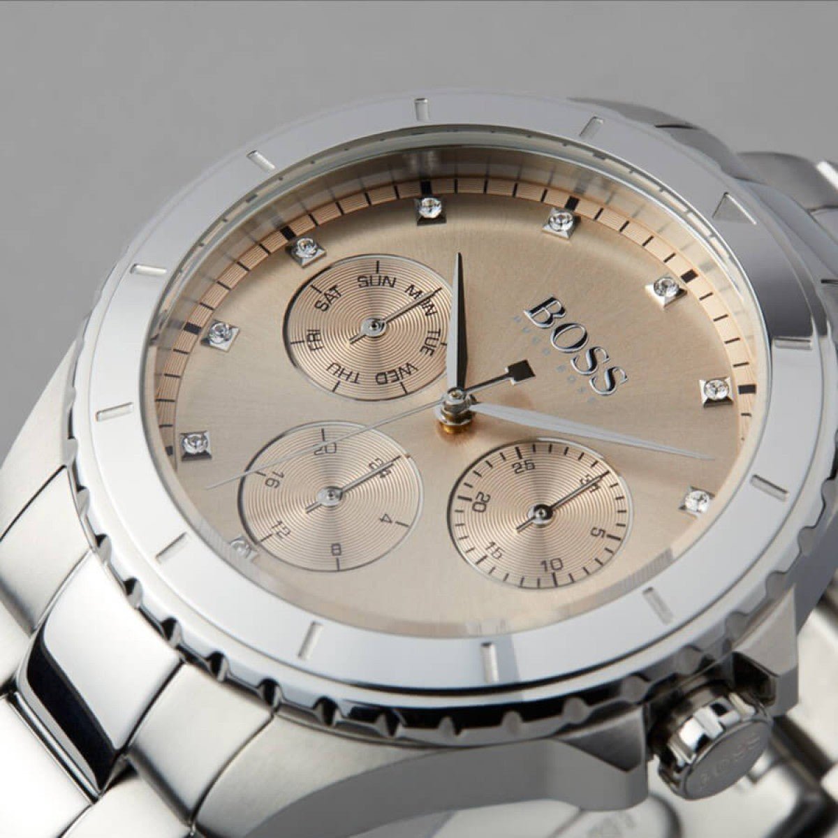 Shop Authentic Hugo Boss Premiere Rose Gold Dial Silver Steel Strap Watch for Women - 1502444 - Luxxuri