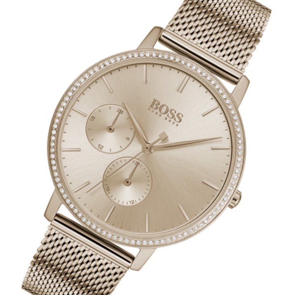  Shop Authentic Hugo Boss Infinity Carnation Gold Dial Gold Mesh Bracelet Watch for Women - 1502519 - Luxxuri