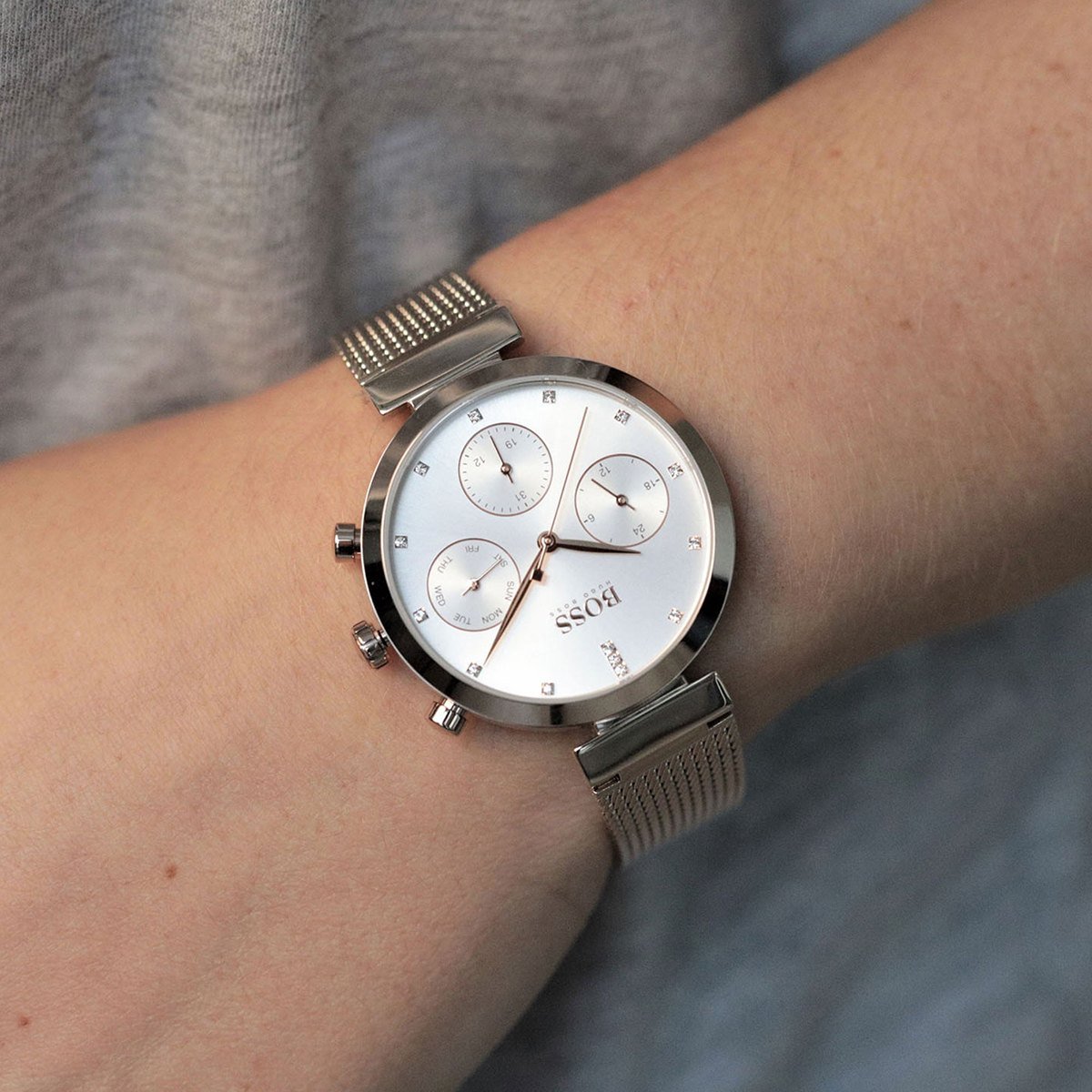  Shop Authentic Hugo Boss Flawless White Dial Gold Mesh Bracelet Watch for Women - 1502553 - Luxxuri