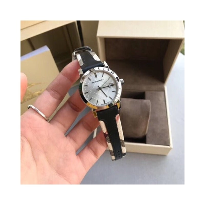  Shop Authentic Burberry The City White Dial Black Haymarket Leather Strap Watch for Women - BU9150 - Luxxuri