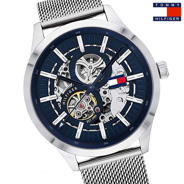  Shop Authentic Tommy Hilfiger Spencer Skeleton Black Dial Silver Mesh Bracelet Watch for Men - 1791643 - Luxxuri