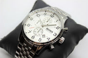  Shop Authentic Hugo Boss Aeroliner Chronograph White Dial Silver Steel Strap Watch For Men - 1512445 - Luxxuri