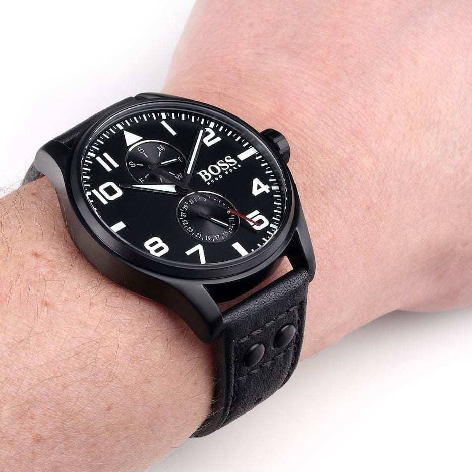  Shop Authentic Hugo Boss Aeroliner Chronograph Black Dial Black Leather Strap Watch For Men - 1513086 - Luxxuri