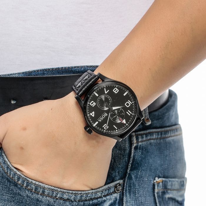  Shop Authentic Hugo Boss Aeroliner Black Dial Black Leather Strap Watch For Men - 1513083 - Luxxuri
