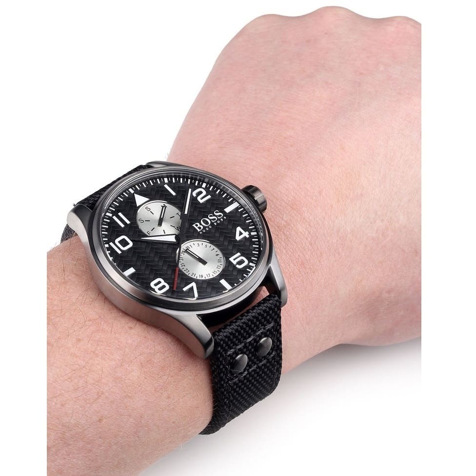  Shop Authentic Hugo Boss Aeroliner Chronograph Black Dial Black Leather Strap Watch For Men - 1513086 - Luxxuri