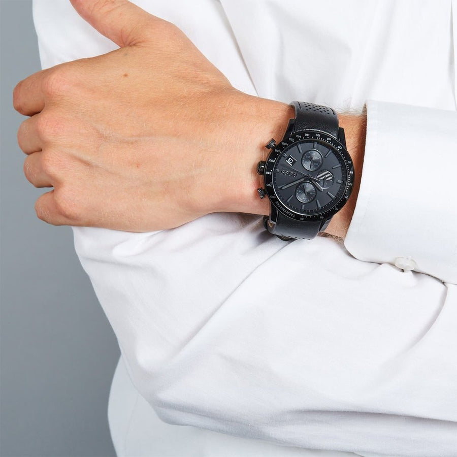  Shop Authentic Hugo Boss Rafale Chronograph Black Dial Black Leather Strap Watch For Men - 1513456 - Luxxuri