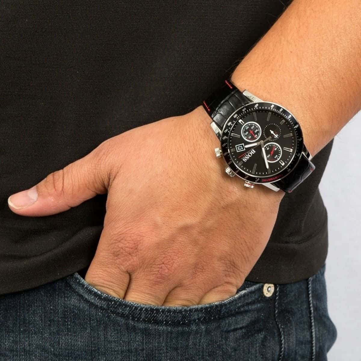  Shop Authentic Hugo Boss Rafale Chronograph Black Dial Black Leather Strap Watch For Men - 1513390 - Luxxuri