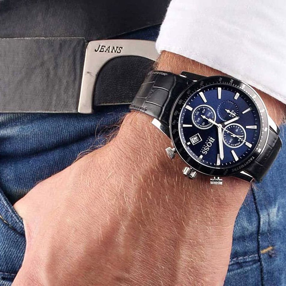  Shop Authentic Hugo Boss Rafale Chronograph Blue Dial Black Leather Strap Watch For Men - 1513391 - Luxxuri