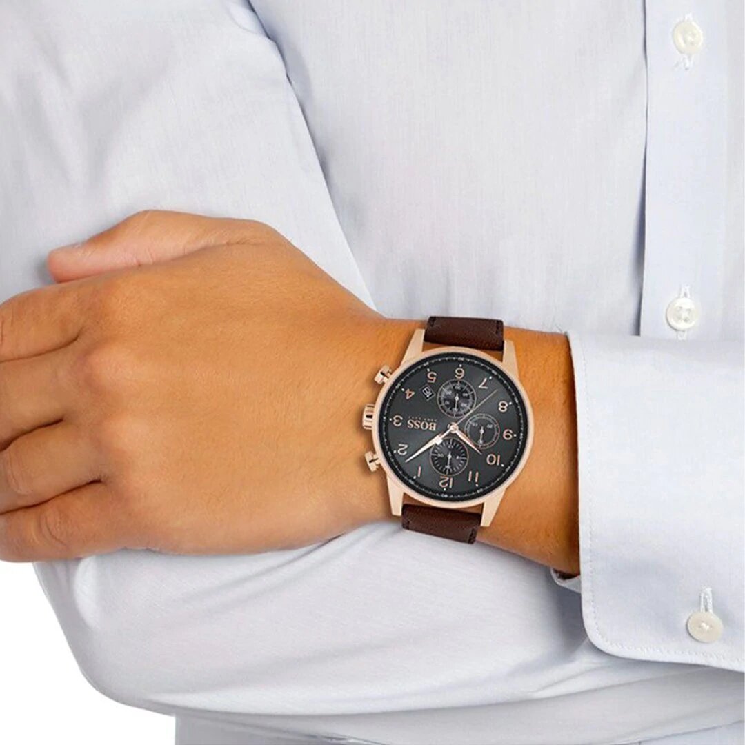  Shop Authentic Hugo Boss Navigator Grey Dial Brown Leather Strap Watch for Men - 1513496 - Luxxuri