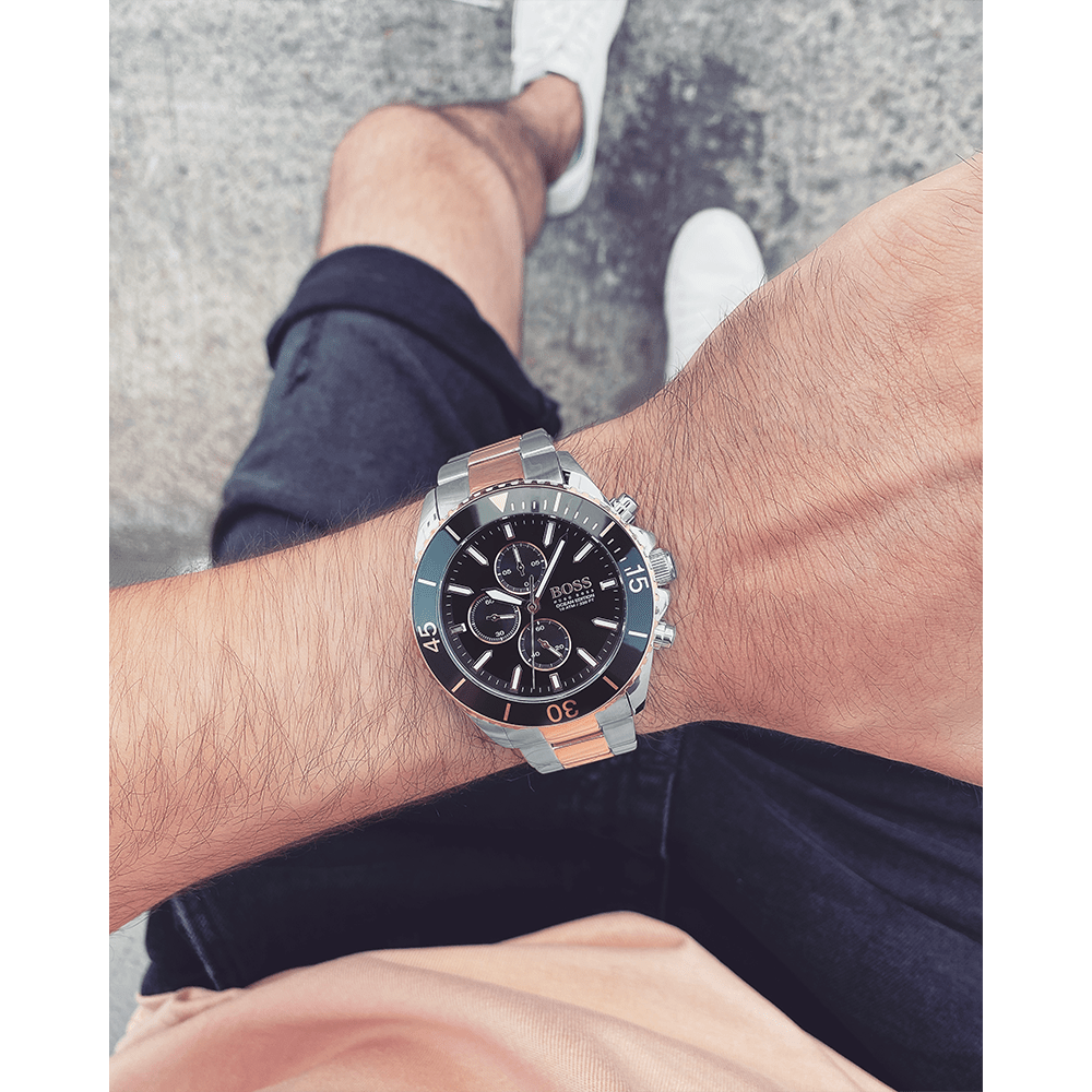  Shop Authentic Hugo Boss Ocean Edition Black Dial Two Tone Steel Strap Watch for Men - 1513705 - Luxxuri