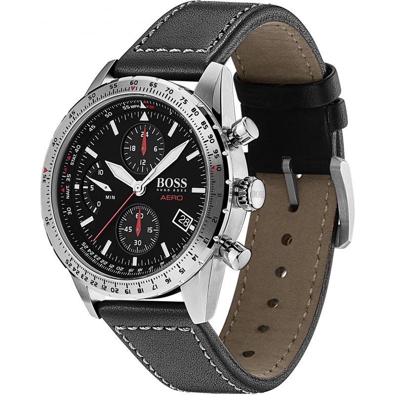  Shop Authentic Hugo Boss Aero Chronograph Black Dial Black Leather Strap Watch for Men - 1513770 - Luxxuri