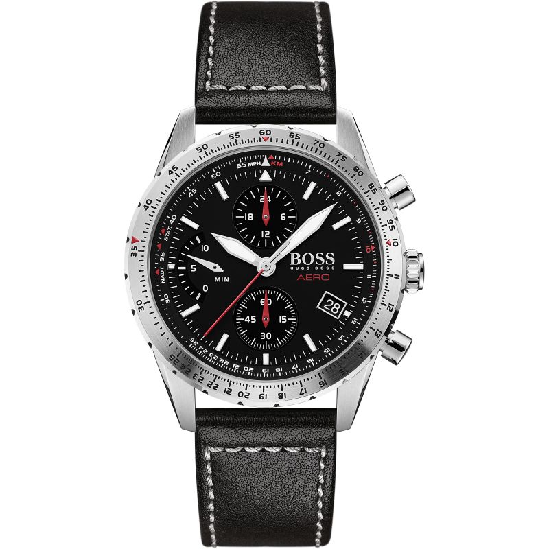  Shop Authentic Hugo Boss Aero Chronograph Black Dial Black Leather Strap Watch for Men - 1513770 - Luxxuri