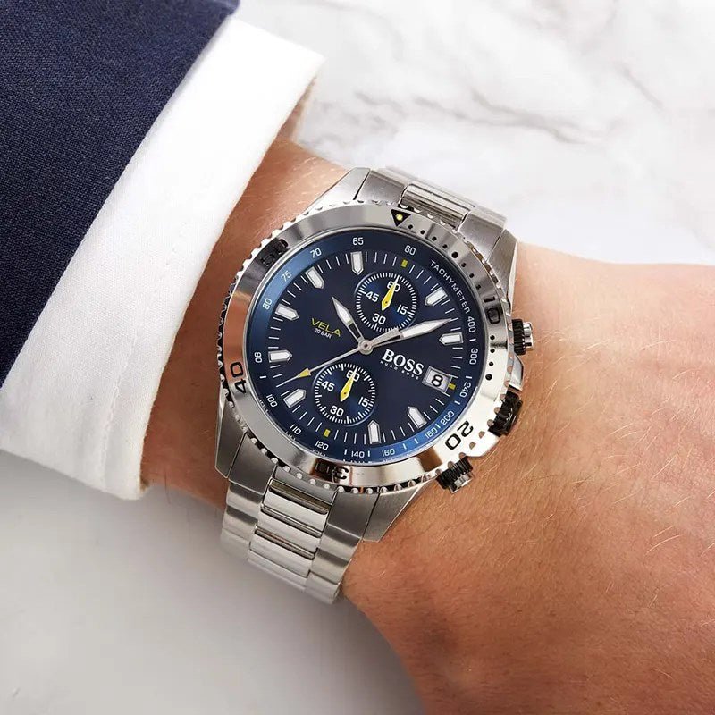  Shop Authentic Hugo Boss Vela Chronograph Diver Blue Dial Silver Steel Strap Watch for Men - 1513775 - Luxxuri