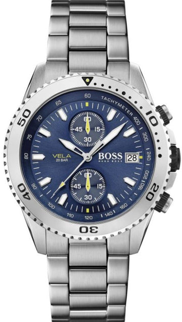  Shop Authentic Hugo Boss Vela Chronograph Diver Blue Dial Silver Steel Strap Watch for Men - 1513775 - Luxxuri