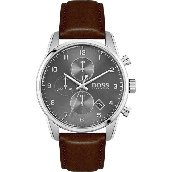 Shop Authentic Hugo Boss Skymaster Grey Dial Brown Leather Strap Watch for Men - 1513787 - Luxxuri