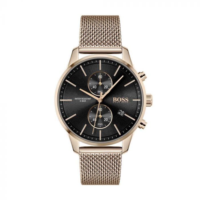  Shop Authentic Hugo Boss Associate Black Dial Rose Gold Mesh Bracelet Watch for Men - 1513806 - Luxxuri