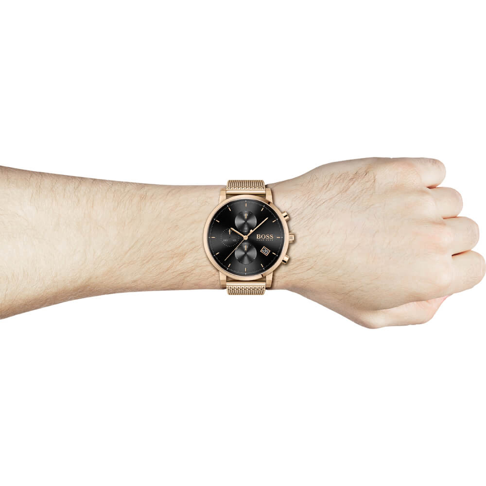  Shop Authentic Hugo Boss Integrity Black Dial Gold Mesh Bracelet Watch for Men - 1513808 - Luxxuri