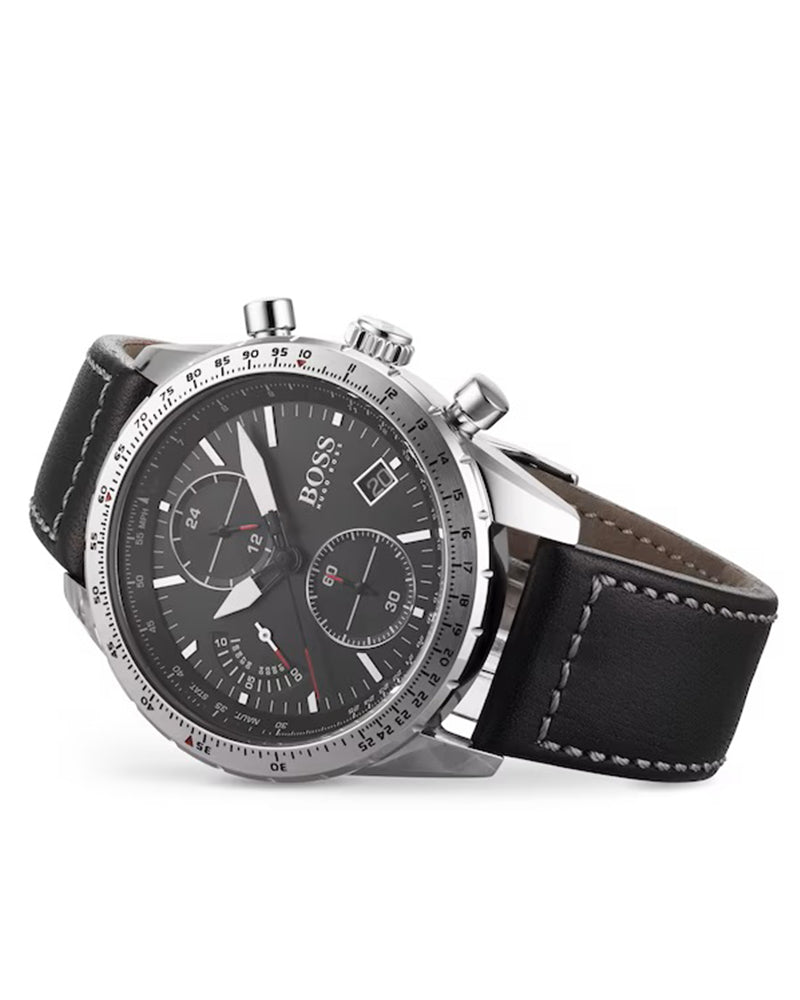 Shop Authentic Hugo Boss Aero Chronograph Black Dial Black Leather Strap Watch for Men - 1513770 - Luxxuri