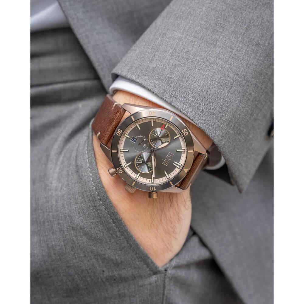  Shop Authentic Hugo Boss Santiago Grey Dial Brown Leather Strap Watch for Men - 1513861 - Luxxuri