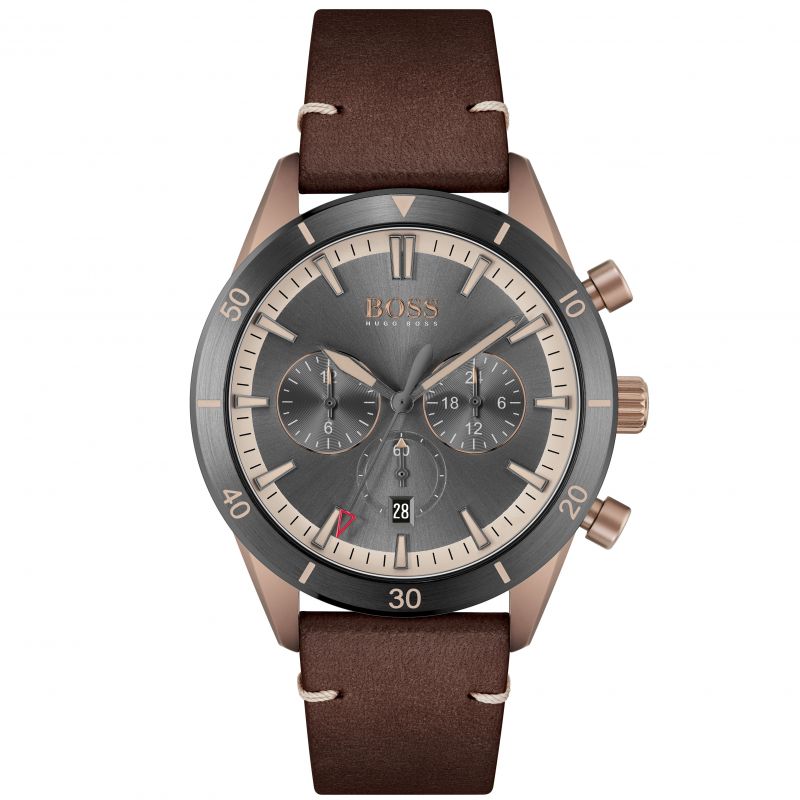  Shop Authentic Hugo Boss Santiago Grey Dial Brown Leather Strap Watch for Men - 1513861 - Luxxuri