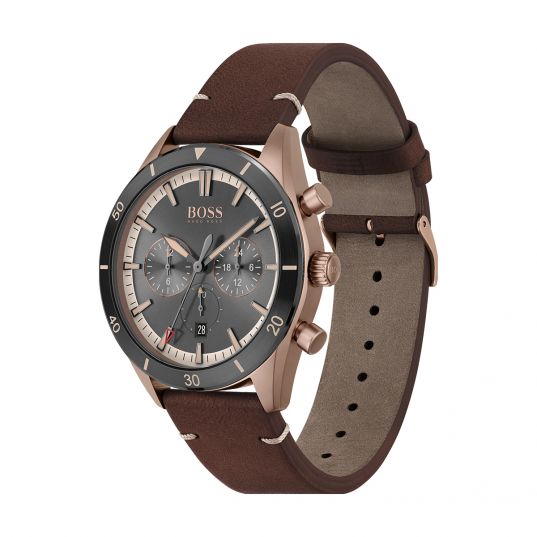  Shop Authentic Hugo Boss Santiago Grey Dial Brown Leather Strap Watch for Men - 1513861 - Luxxuri