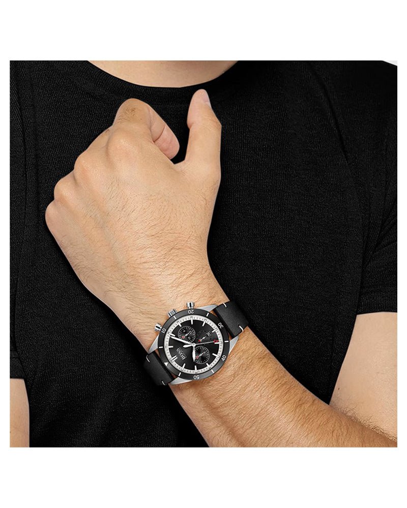  Shop Authentic Hugo Boss Chronograph Black Dial Black Leather Strap Watch for Men - 1513864 - Luxxuri