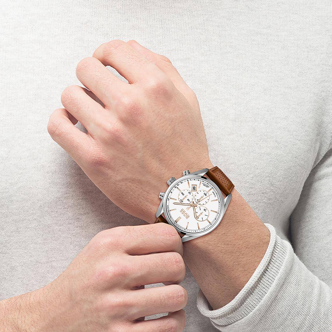 Shop Authentic Hugo Boss Grand Prix White Dial Brown Leather Strap Watch for Men - 1513475 - Luxxuri