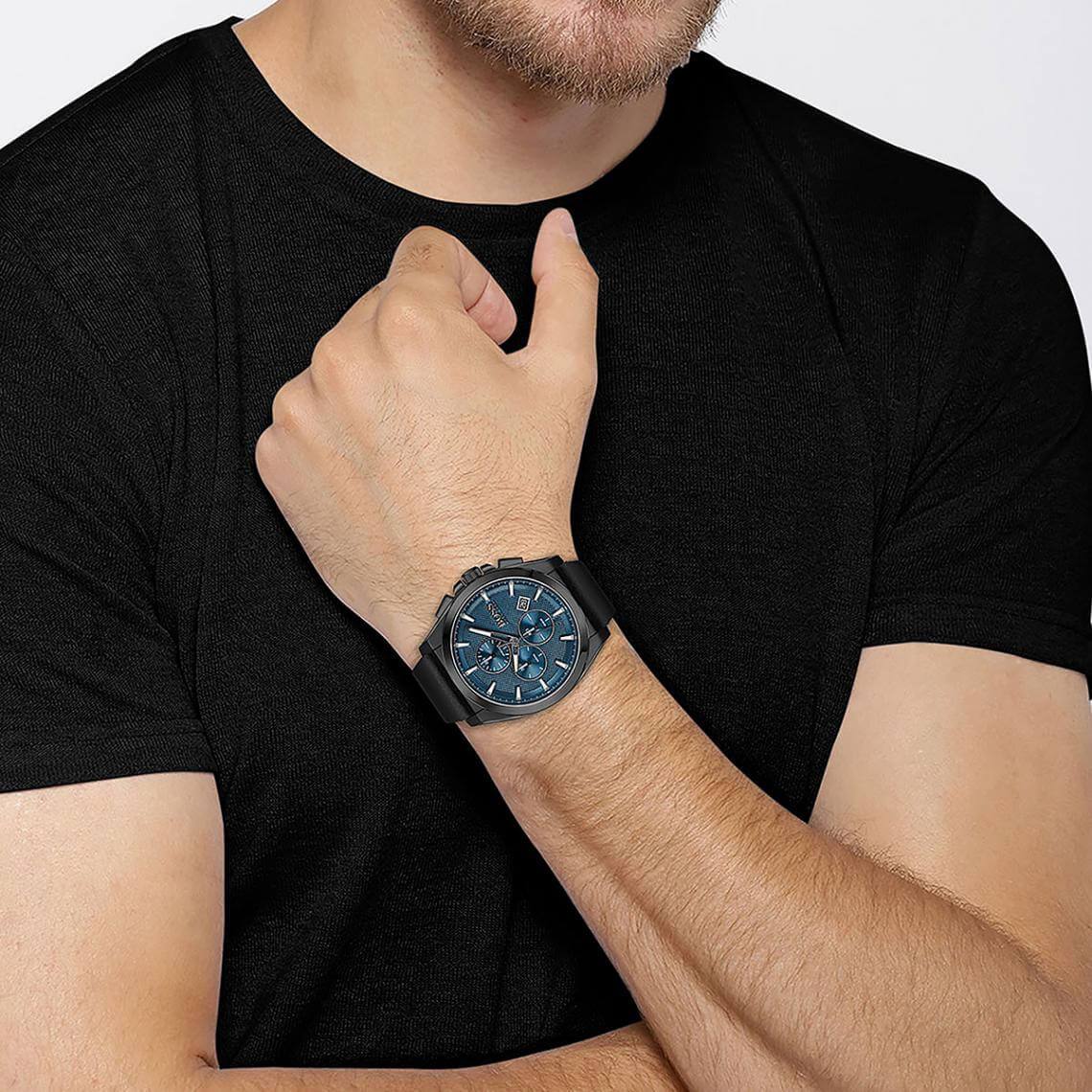  Shop Authentic Hugo Boss Grandmaster Blue Dial Black Leather Strap Watch for Men - 1513883 - Luxxuri