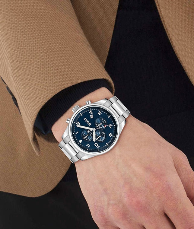  Shop Authentic Hugo Boss View Chronograph Blue Dial Silver Steel Strap Watch For Men - 1513989 - Luxxuri