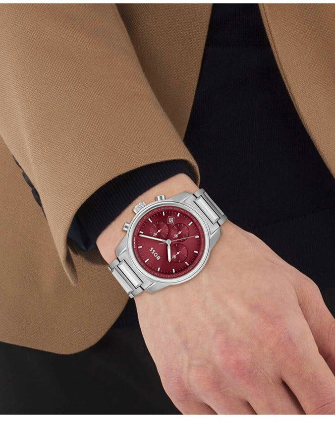  Shop Authentic Hugo Boss Trace Chronograph Red Dial Silver Steel Strap Watch For Men - 1514004 - Luxxuri
