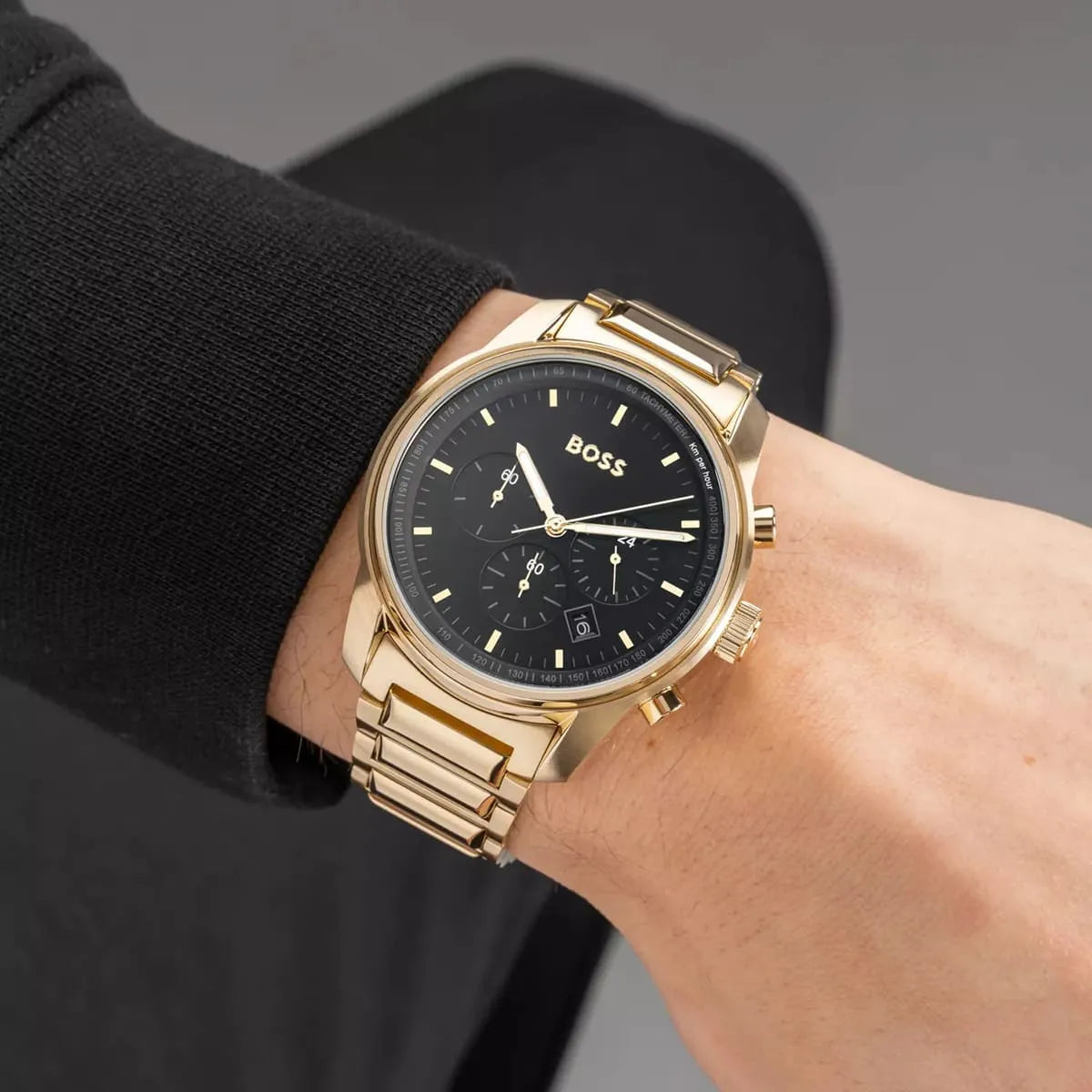  Shop Authentic Hugo Boss Trace Chronograph Black Dial Gold Steel Strap Watch For Men - 1514006 - Luxxuri