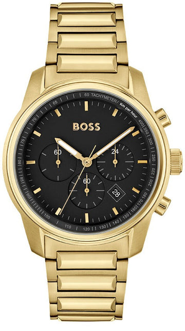  Shop Authentic Hugo Boss Trace Chronograph Black Dial Gold Steel Strap Watch For Men - 1514006 - Luxxuri