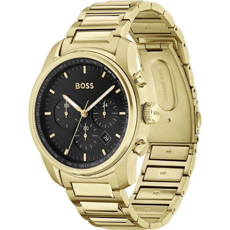  Shop Authentic Hugo Boss Trace Chronograph Black Dial Gold Steel Strap Watch For Men - 1514006 - Luxxuri