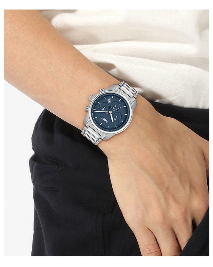  Shop Authentic Hugo Boss Trace Chronograph Quartz Blue Dial Silver Steel Strap Watch For Men - 1514007 - Luxxuri