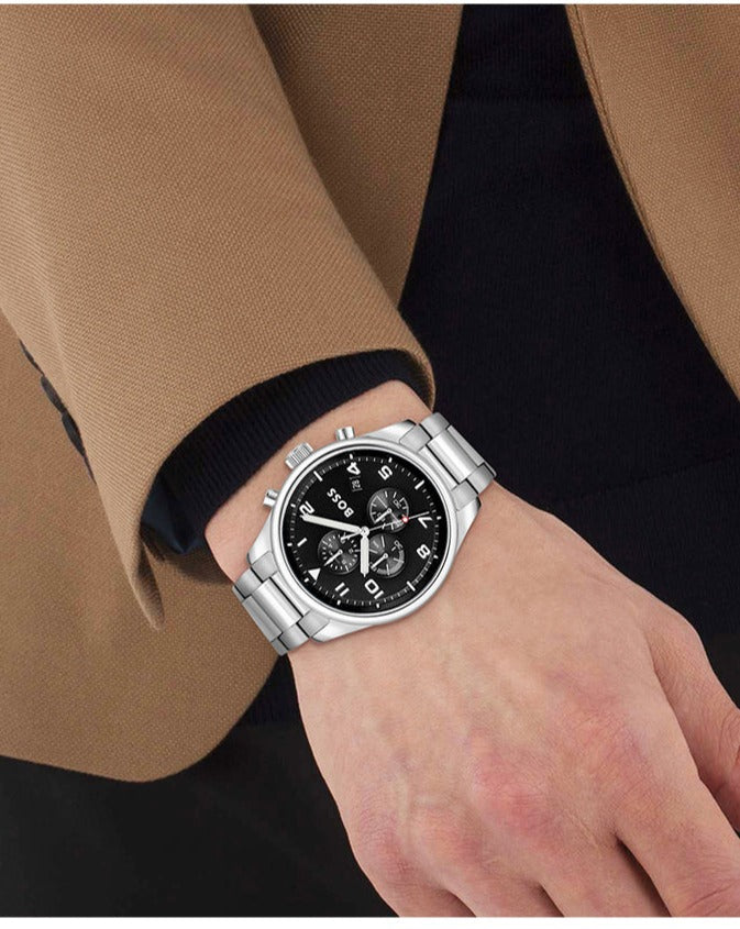  Shop Authentic Hugo Boss View Chronograph Black Dial Silver Steel Strap Watch For Men - 1514008 - Luxxuri