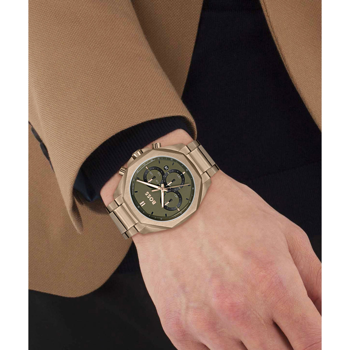  Shop Authentic Hugo Boss Classic Chronograph Green Dial Beige Gold Steel Strap Watch For Men - 1514019 - Luxxuri