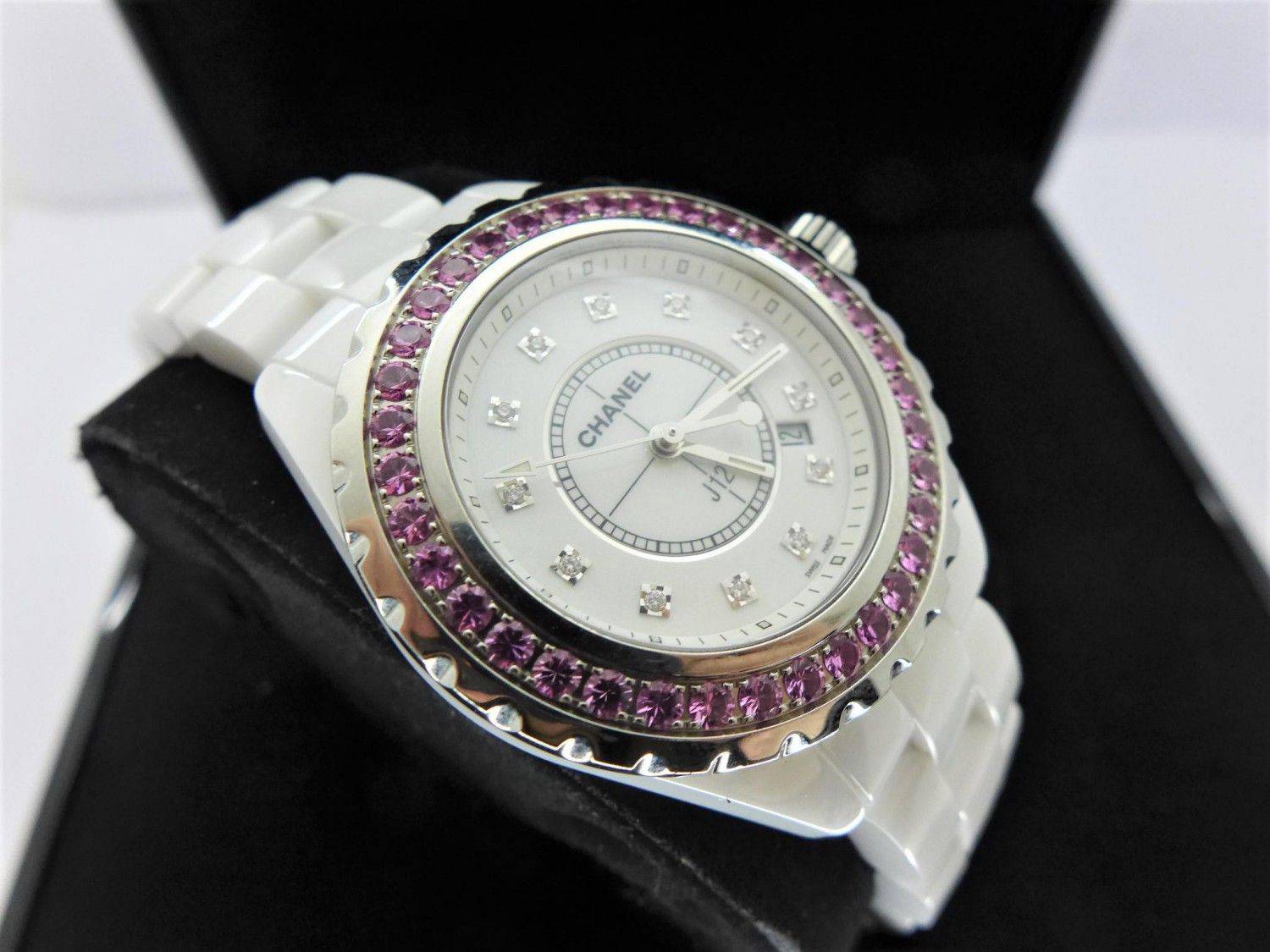  Shop Authentic Chanel J12 Sapphire Bezel Ceramic White Dial White Steel Strap Watch for Women - J12 H2010 - Luxxuri