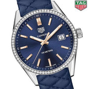  Shop Authentic Tag Heuer Carrera Quartz Diamonds Blue Dial Blue Leather Strap Watch for Women - WAR1114.FC6391 - Luxxuri