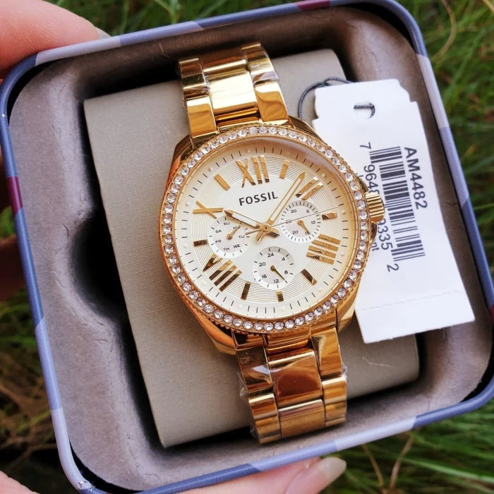  Shop Authentic Fossil Cecile Chronograph Gold Dial Gold Steel Strap Watch for Women - AM4482 - Luxxuri